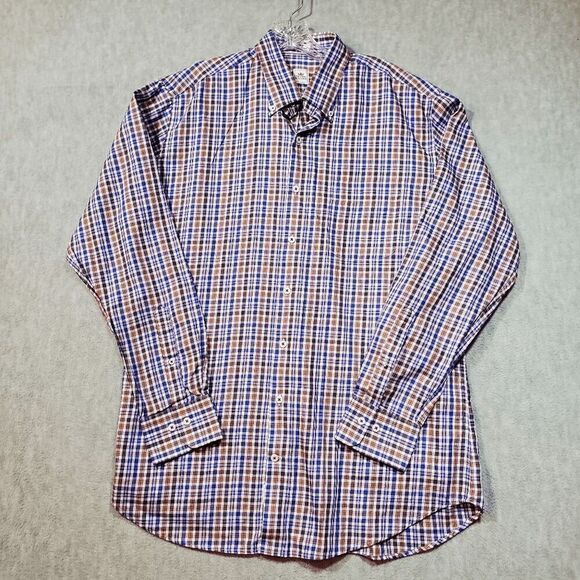 Peter Millar Shirt Mens Large Tan Blue Plaid Lightweight Collared Button Down - Picture 1 of 10